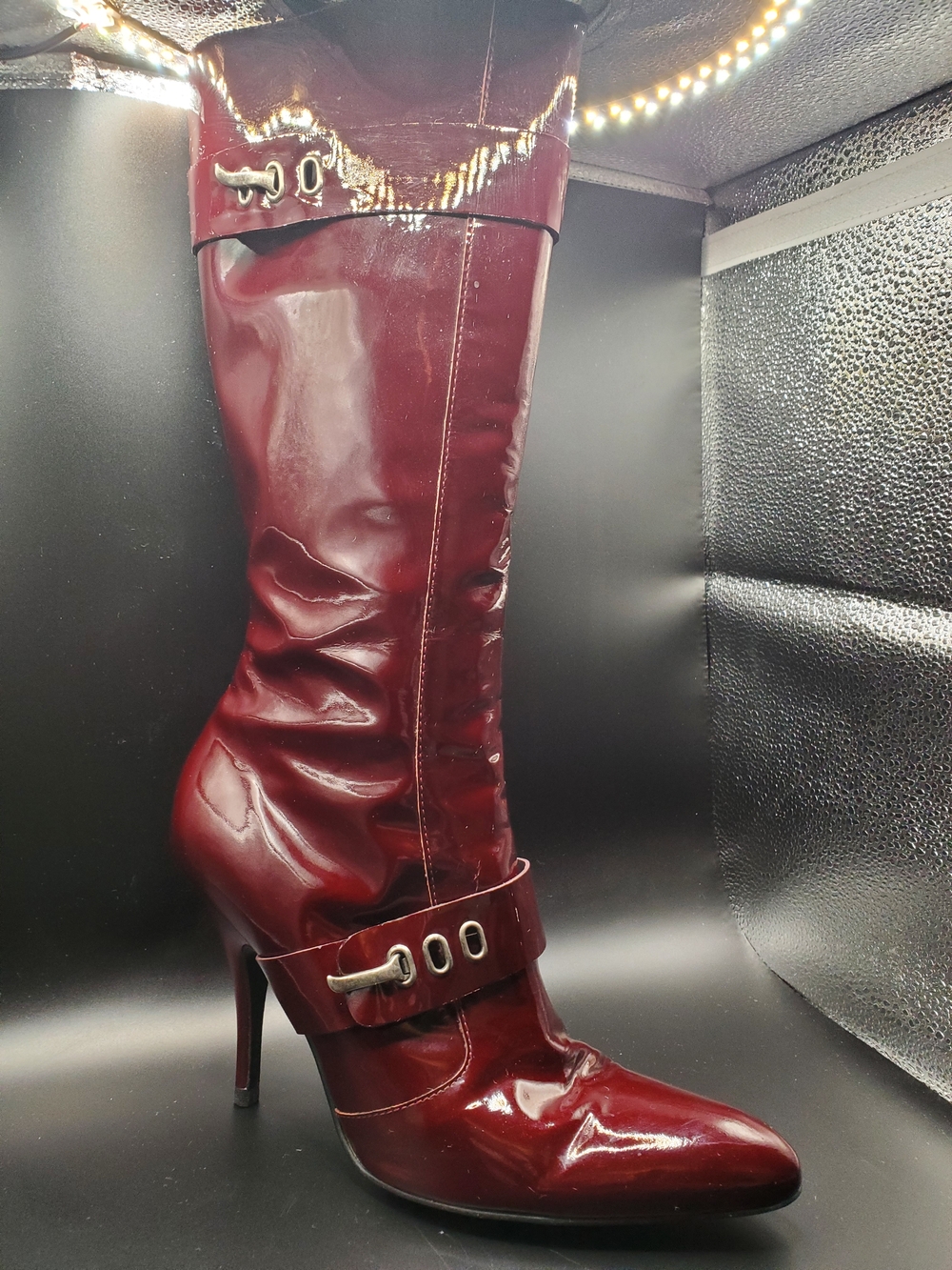 Vintage BCBGirls Burgundy Patent Leather Knee-High Stiletto Boots